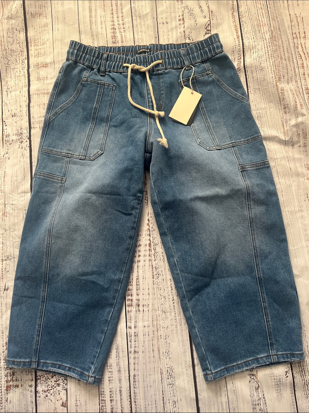 Flamingals High Waist , Wide Leg Drawstring Cropped Blue Denim  Jeans XL